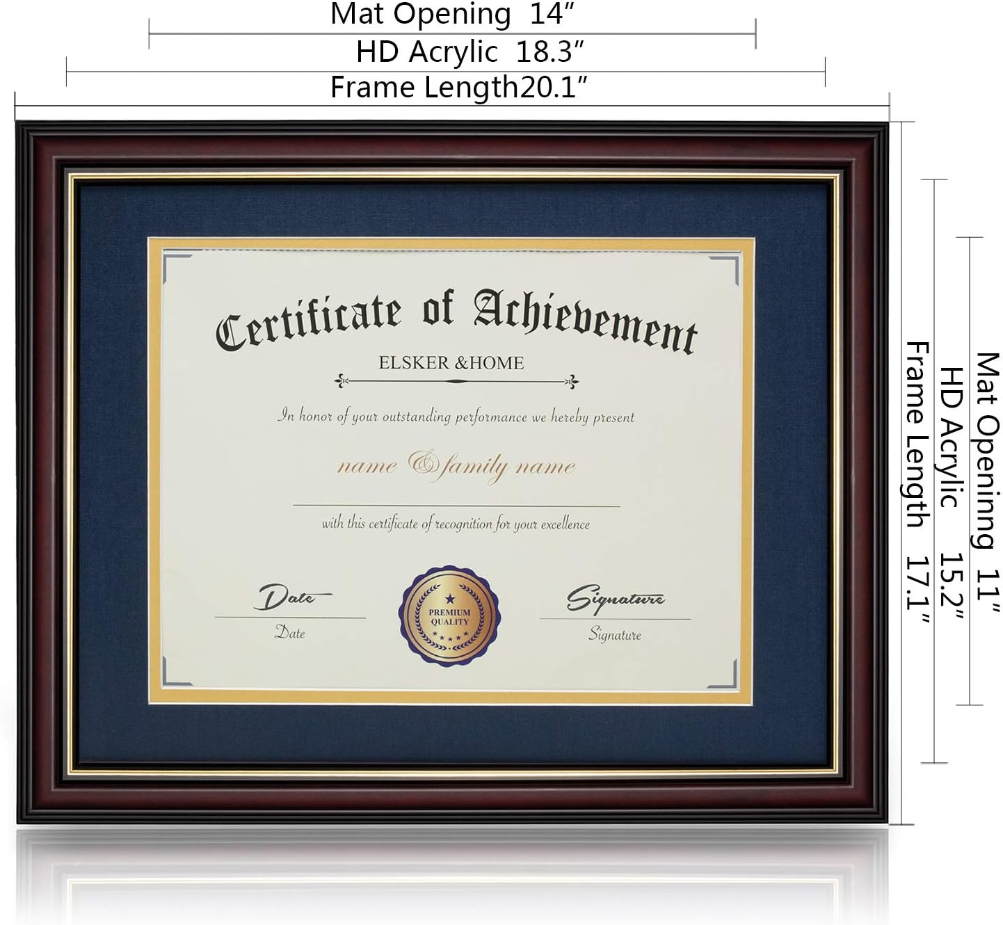 ELSKER&HOME Diploma Frame - Wide Solid Wood Frame - Black Velvet Golden Rim Mat - Semi-Tempered Glass - Includes Hanging Hardware and Desktop Easel(ONLY Display 11×14 Document/Certificate)