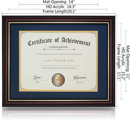 ELSKER&HOME Diploma Frame - Wide Solid Wood Frame - Black Velvet Golden Rim Mat - Semi-Tempered Glass - Includes Hanging Hardware and Desktop Easel(ONLY Display 11×14 Document/Certificate)