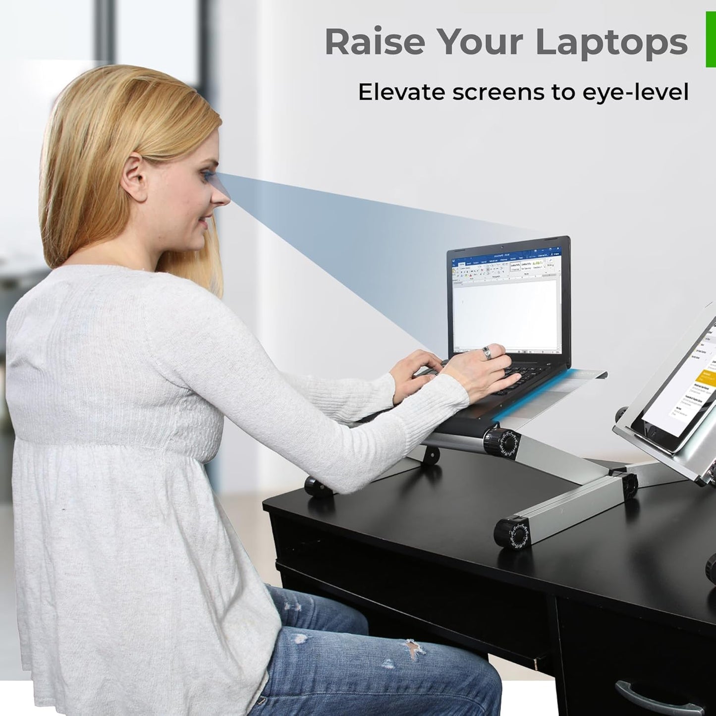 WorkEZ Executive Adjustable Ergonomic Laptop Cooling Stand & Lap Desk for Bed Couch folding aluminum desktop computer riser tray height tilt angle portable macbook cooling reading monitor,Black