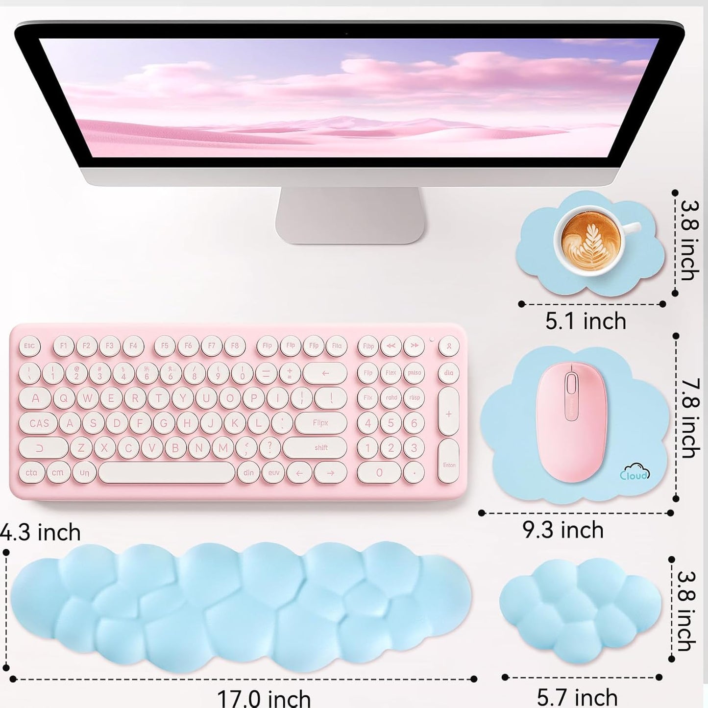 Sushret Cloud Wrist Rest for Computer Keyboard, 4-in-1 Memory Foam Leather Cloud Keyboard Wrist Rest and Mouse Pad Set with Ergonomic Support for Arm and Palm Cushion, Gaming/Work Setup, Rainbow