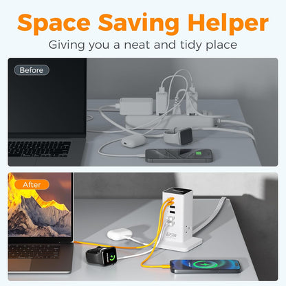 Charging Station for Multiple Devices, TESSAN 9-in-1 USB C Power Strip for iPhone 17/16/15, MacBook, Tablet, Desktop Phone Fast Charger with 3 AC, USB Charger, Home Drom Office Accessories, White-65W