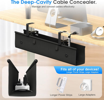 Under Desk Cable Management Tray, 40-inch No-Drill Cord Organizer with Anti-Sag Reinforced Base, Fabric Wire Management Hider for Standing Desk, Office & Gaming Accessories - Black