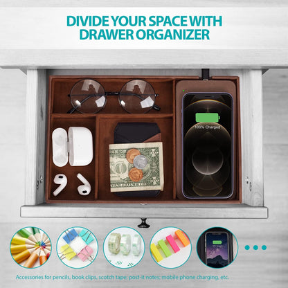 Valet Tray, Built in Wireless Charging Pad, Nightstand Organizer, Dresser Organizer, Mens Jewelry Box, Valet Charging Station, Faux Leather Valet Tray for Men and Women, (Black)