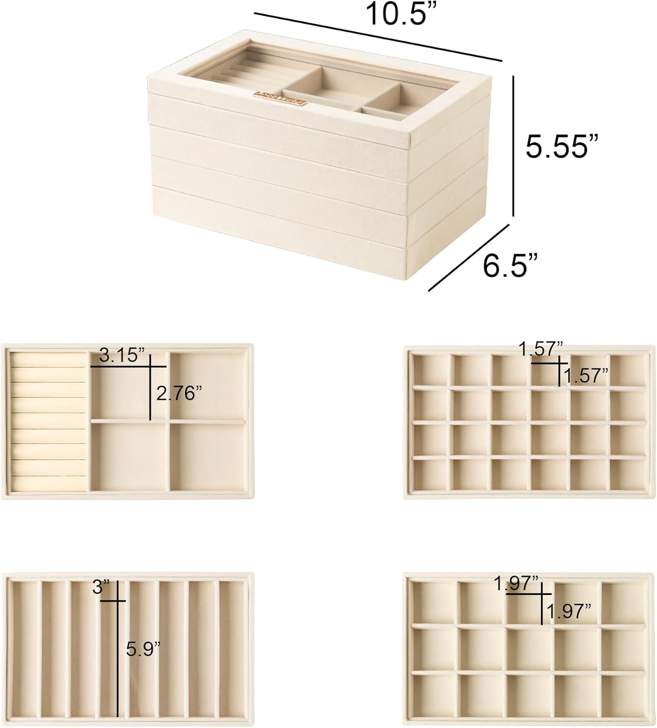 Frebeauty Stackable Jewelry Trays, Velvet Drawer Jewelry Organizer with Glass Lid,5 in 1 Multi-Functional Jewelry Storage for Earrings Necklaces Rings, 10.5 x 6.5 x 5.55 Inches Gift for Women(Beige)
