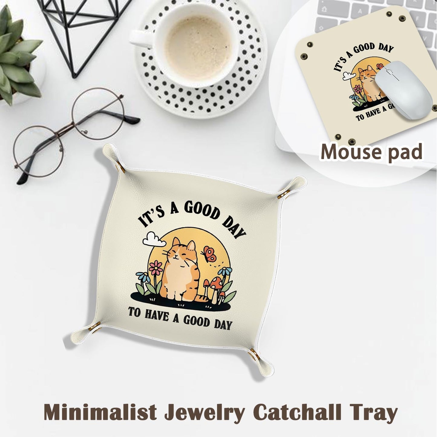 Inspirational Gifts for Women Jewelry Valet Tray, Motivational Positive Affirmations Gifts for Women, Blue Retro Nightstand Desk Accessories PU Leather Tray Organizer for Jewelry Rings Watches