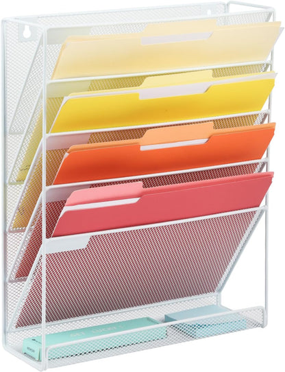 EASEPRES Desk File Organizer Mesh 6-Tier, Hanging Wall Mount Document Organization Stand, Desktop Vertical Mail Paper Folder Holder Rack with Bottom Tray for Office Home Cubicle Countertop, Black