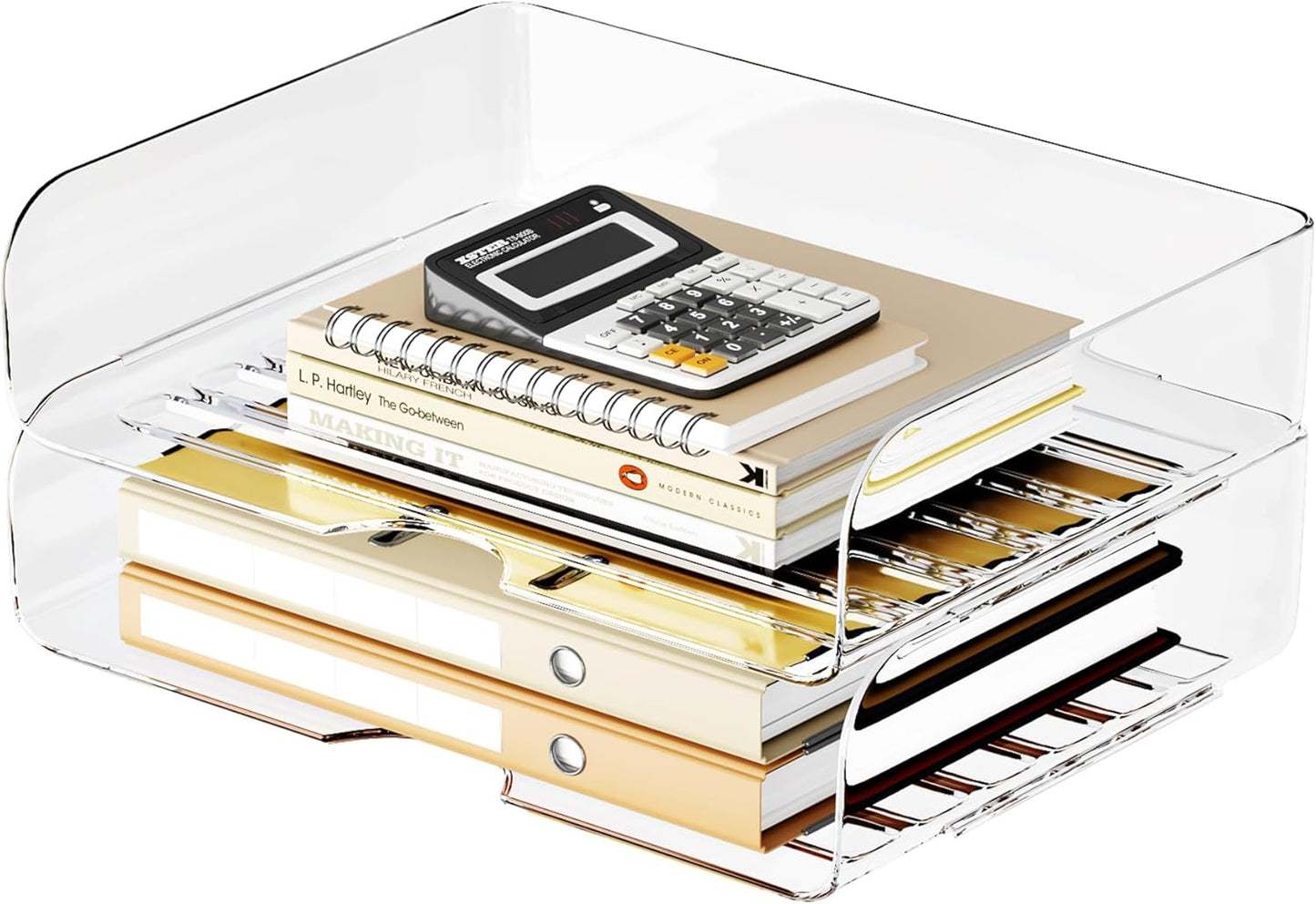 Tomorotec Desk Letter Tray Set, A4 Size Clear PET Stackable Document Organizer Office Desktop File Paper Holder Book Storage Rack Side Load Anti-Skid Stacking Support Convex Bottom (2X Landscape)