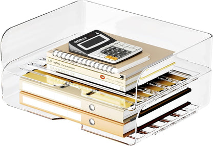 Tomorotec Desk Letter Tray Set, A4 Size Clear PET Stackable Document Organizer Office Desktop File Paper Holder Book Storage Rack Side Load Anti-Skid Stacking Support Convex Bottom (2X Landscape)