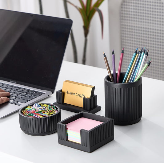 Set of 4 - Concrete Desk Accessories For Modern, Industrial, Minimalist Office Decor- Aesthetic Desk Organizers Accessories For Women or Men- Pen, Business Card Holder & Sticky Note, Paper Clip Holder