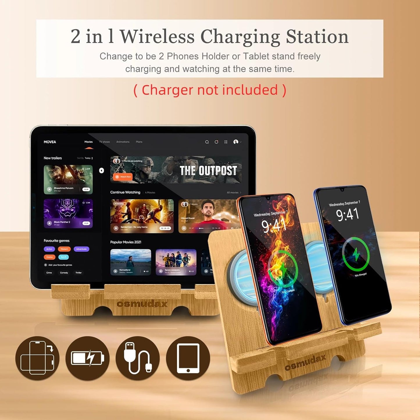 Bamboo Charging Station for Multiple Devices, Cable Management Box for Power Strip, USB Charger & USB Charging Hub/Station, Wood Docking Station Desktop Organizer Bedside Table Organizer