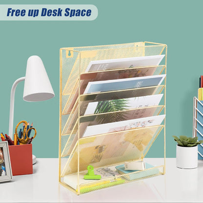 EASEPRES Desk File Organizer Mesh 6-Tier, Hanging Wall Mount Document Organization Stand, Desktop Vertical Mail Paper Folder Holder Rack with Bottom Tray for Office Home Cubicle Countertop, Black