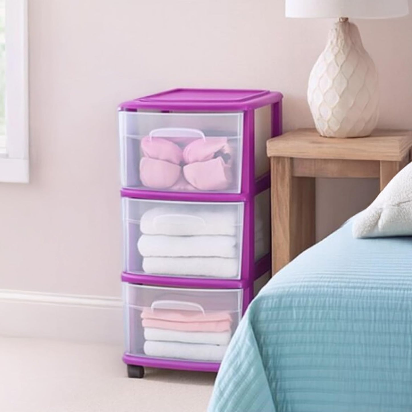 HOMZ Drawer Tower, 3-Tier Rolling Storage Cart with Removable Wheels, White Frame – Plastic Organizer with Clear Bin Drawers for Bedroom, Bathroom, Home Office, and Dorm Room