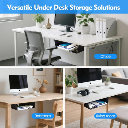 KHAMAL Under Desk Storage Shelf 2 Pack- Under Desk Drawer With Built in Cable Management For Home, Office, Gaming Setups, Kitchen (Black)