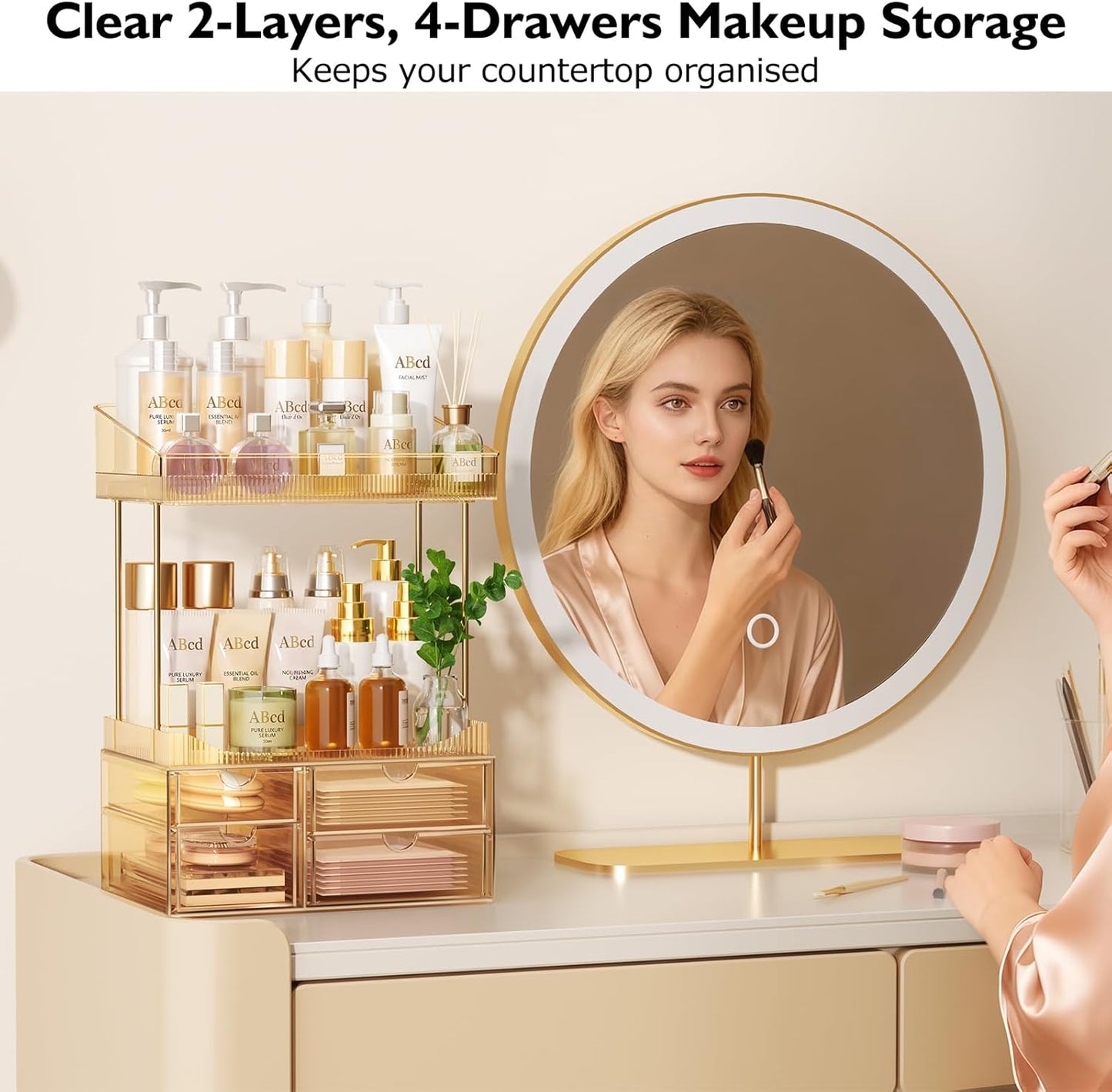 SNSLXH Makeup Organizer Bathroom Storage- 4 Tier 4 Drawer Makeup Storage, Transparent Clear Cosmetics Organiser, Ideal for Cosmetic Perfume Skincare, for Countertop, Bathroom, Office Supplies, Dresser