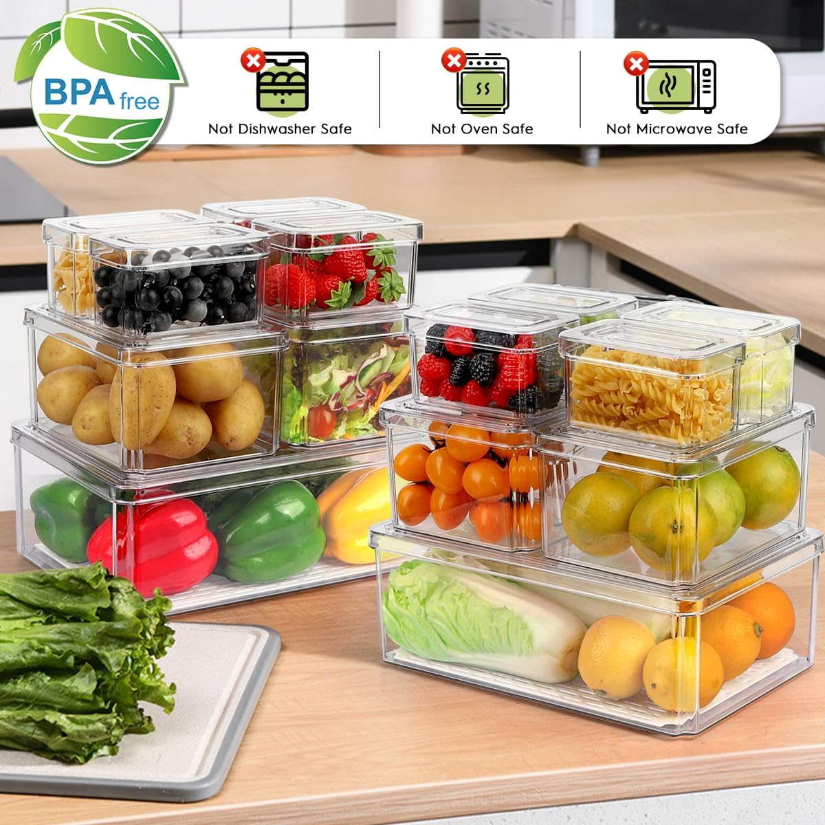 10 Pack Refrigerator Pantry Organizer Bins, Stackable Fridge Organizer Bins with Lids, Clear Plastic Food Storage Bins for Kitchen, Countertops, Cabinets, Fridge, Drinks, Fruits, Vegetable, Cereals