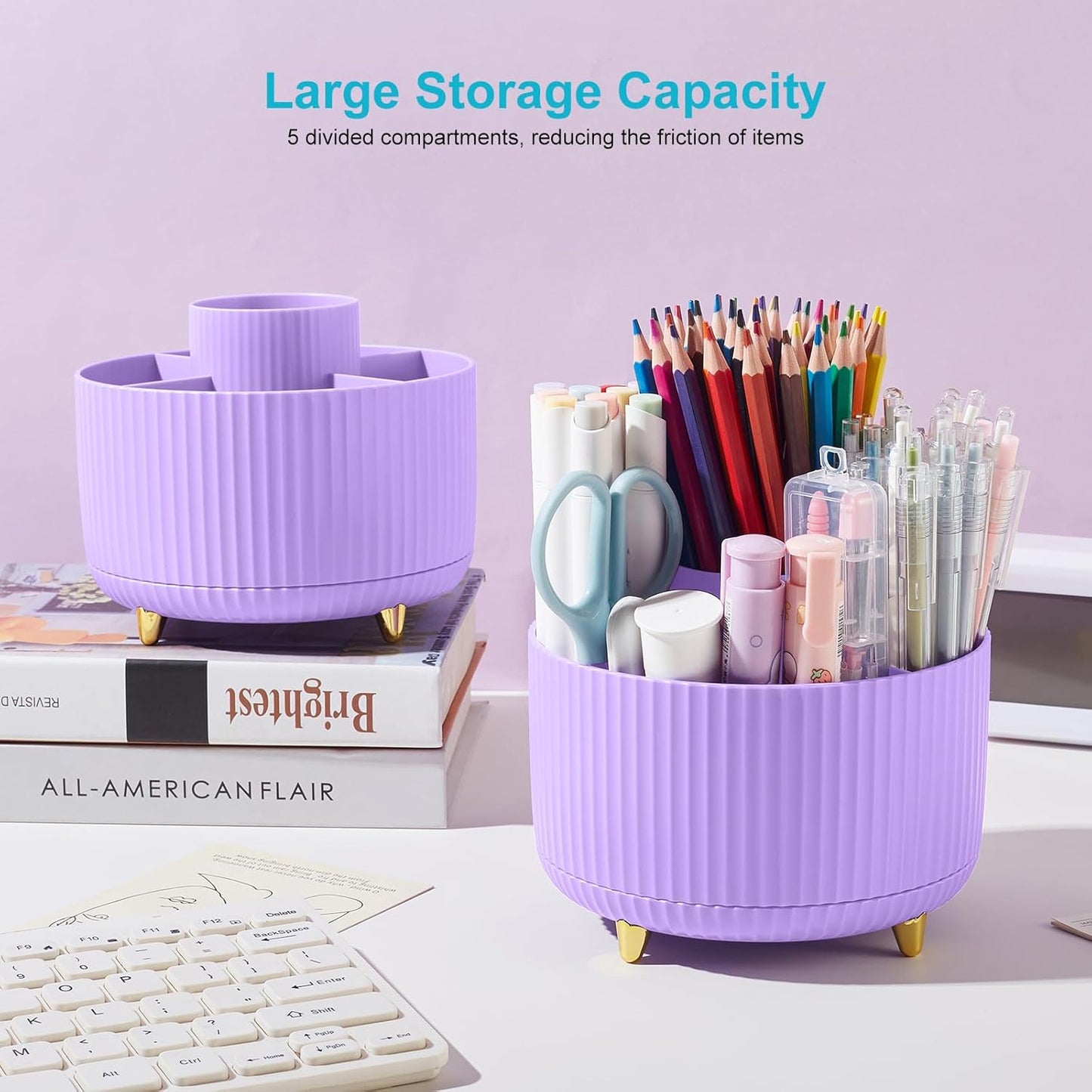 Desk Pencil Pen Holder, 5 Slots 360 Degree Rotating Pencil Pen Organizers for Desk Desktop Storage Stationery Supplies Organizer Cute Pen Cup for Office School Home Art Supply Cream Yellow