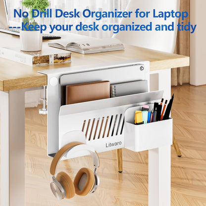 Litwaro Desk Side Storage Organizer, 2 Tier Under Desk Laptop Holder No Drill, Laptop Mount with Magnetic Pen Holder, Hanging Desk Organizer Fits Flat Edge Desks 0.4" to 2.1" (White)