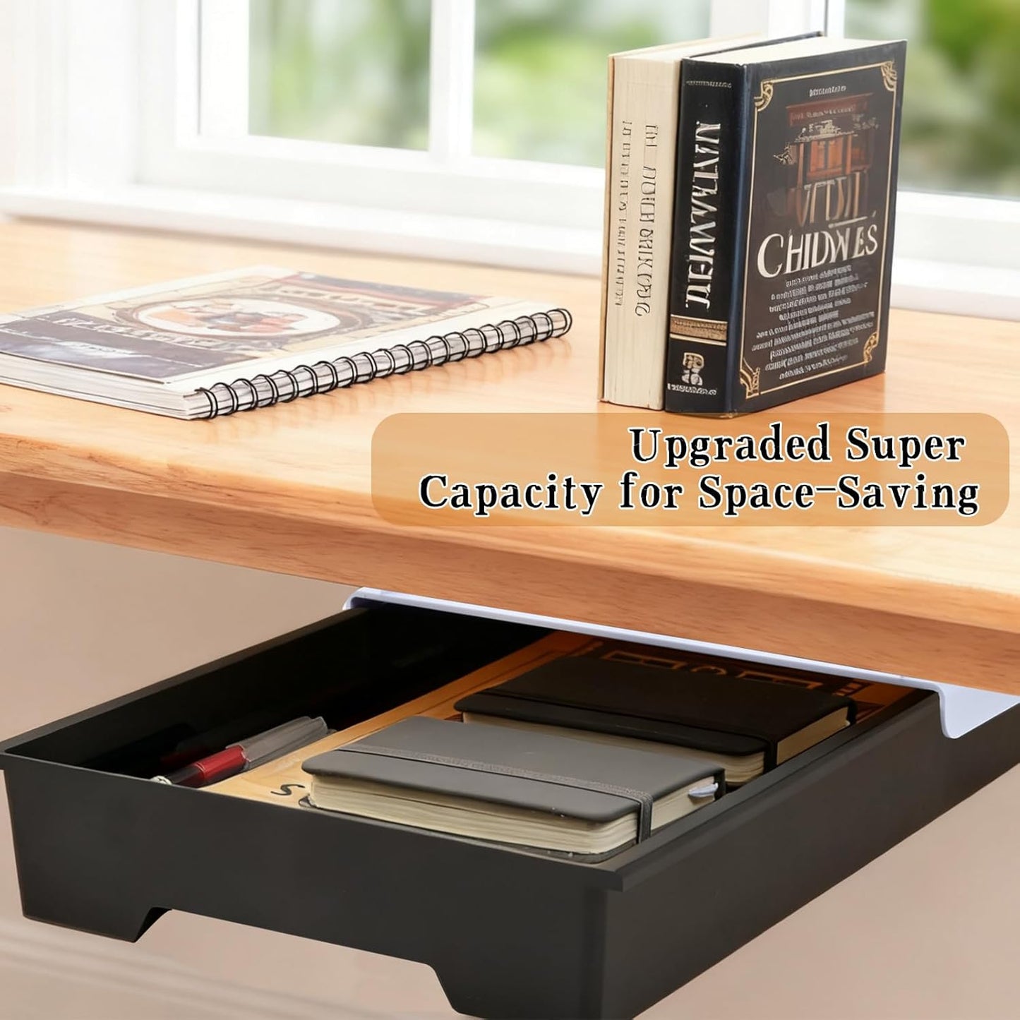 Upgraded Super Capacity 11.85 "x 8.9" Under Desk Drawer Hidden Strorage Drawer Self-Adhesive Slide Out with Smooth Gliding Motion - Attachable & Space-Saving Under Desk Organizer with Screw Kit, Black