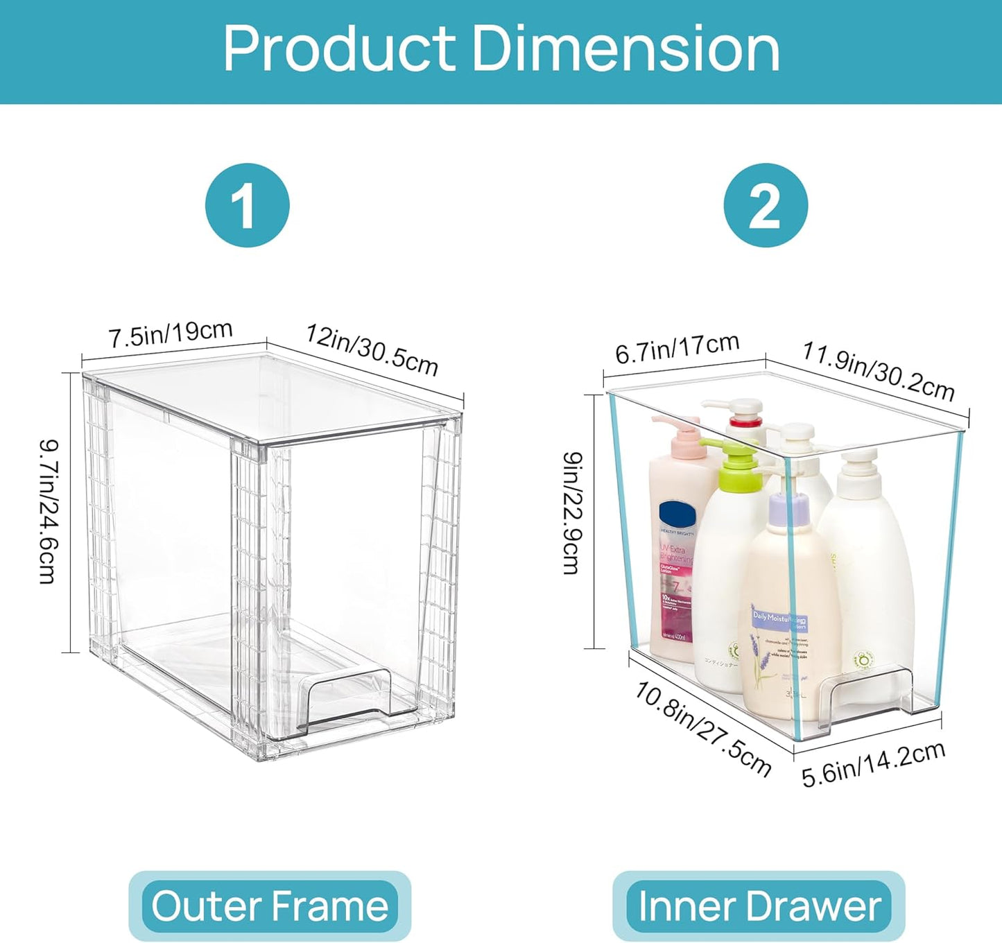 Vtopmart 4 Pack Stackable Storage Drawers,Clear Acrylic Drawer Organizers with Handles, Easily Assemble for Fridge, Bathroom,Kitchen Undersink,Cabinet,Pantry Organization and Storage