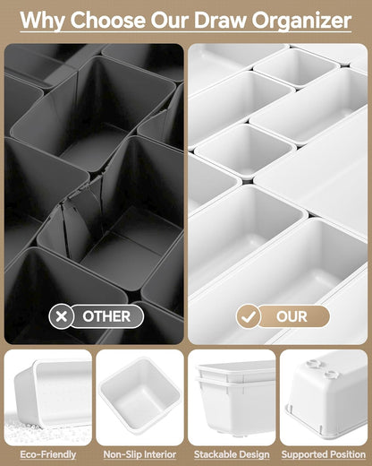 KEMETHY 25 PCS Plastic Drawer Organizers Set, 4 Sizes Vanity Organizer, Makeup and Desk Drawer Organizer Trays, Organization and Storage for Makeup, Bathroom, Kitchen Utensils and Office (Black)