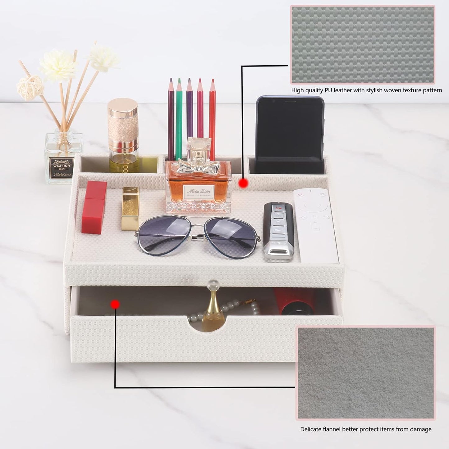 Leather Desk Organizer With Drawers, Home Cosmetics & Phone Remote Organizer, Drawer Plus Divider & Tray (white)