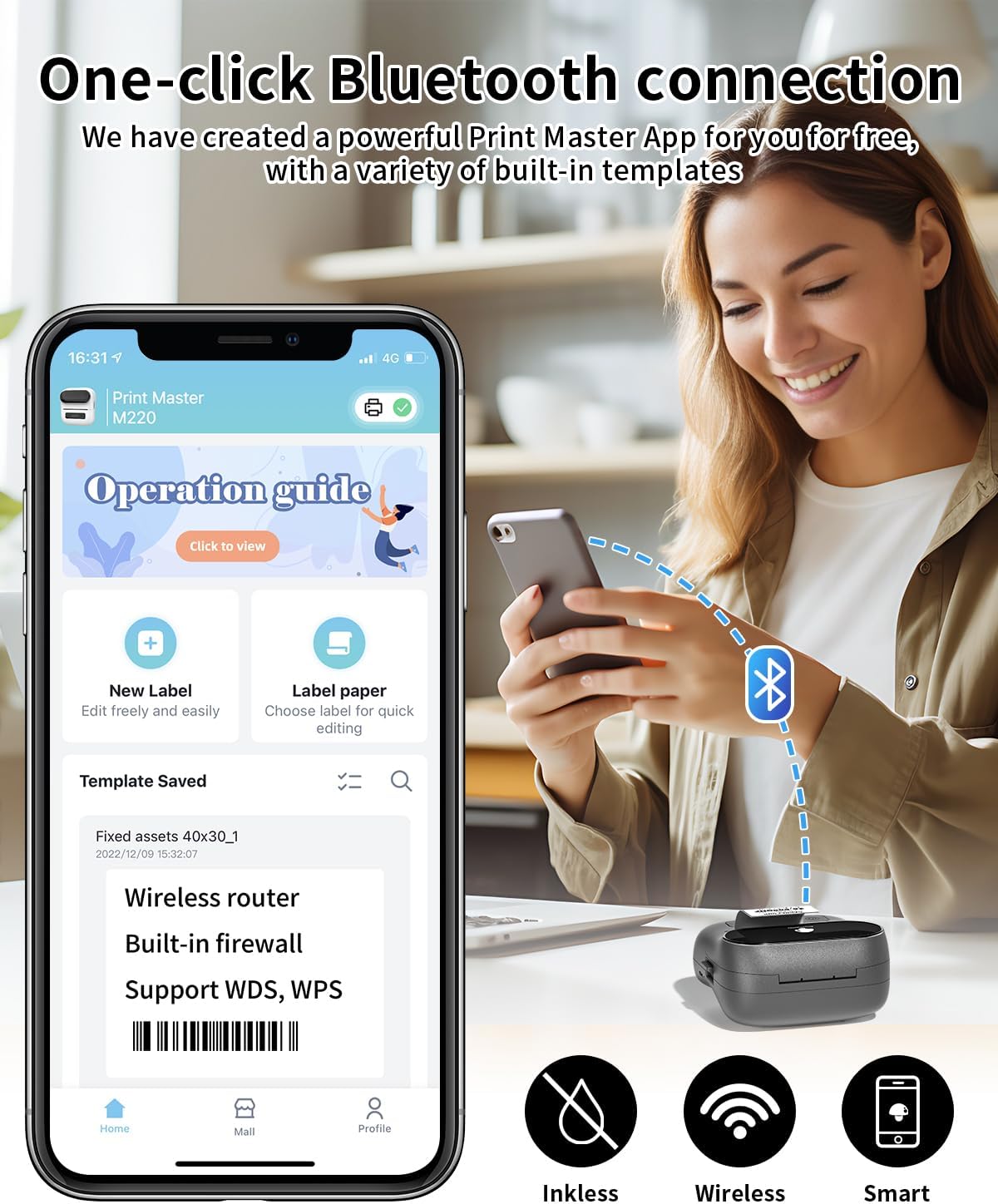 Phomemo Label Maker,M220 Label Printer,3 Inch Bluetooth Thermal Label Maker Machine with 6000+ Icons,700+ Templates,400+ Fonts,for Kids School Items,Small Business,Large Sticker