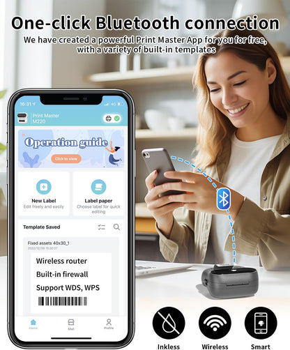 Phomemo Label Maker,M220 Label Printer,3 Inch Bluetooth Thermal Label Maker Machine with 6000+ Icons,700+ Templates,400+ Fonts,for Kids School Items,Small Business,Large Sticker