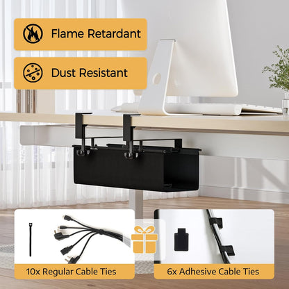 Under Desk Cable Management Tray 27.2" - No Drill Computer Wire Organizer Cable Tray, Cord Hider Clamp Mount with 16X Cable Ties PC Cables Management Cord Holder for Office/Home (Upgrade Fabric,White)