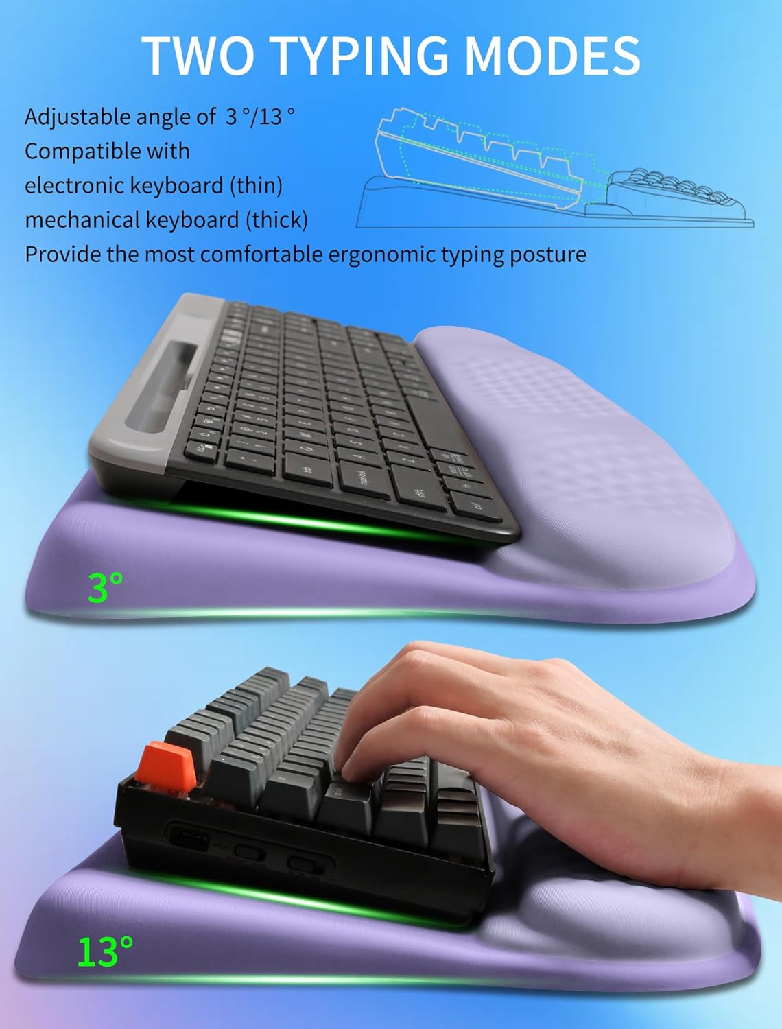 Ergonomic Wave Wrist Rest with Keyboard Stand, Cushioned Palm Rest, Comfortable Integrated Memory Foam for Natural Typing and Relieve Wrist Pain, Dark Night Black