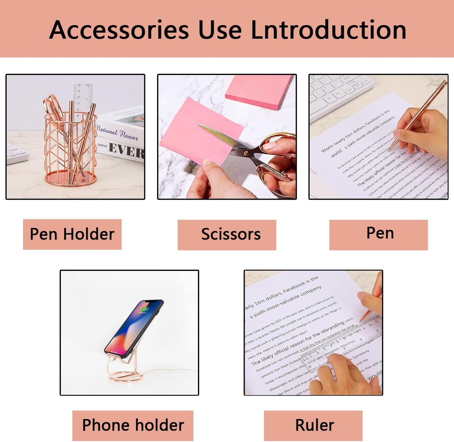 suniya Office Supplies,Gold Desk Accessories,with Stapler,Tape Dispenser,Pen Holder,Scissors,Phone Stand,Staple Remover,Ballpoint Pen,Clear Tape, Staples,Ruler,Clips,Best Gift for Business or Boss