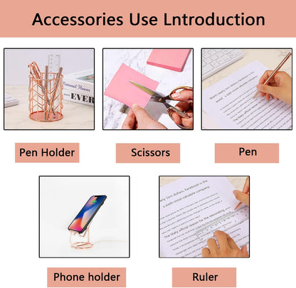 suniya Office Supplies,Gold Desk Accessories,with Stapler,Tape Dispenser,Pen Holder,Scissors,Phone Stand,Staple Remover,Ballpoint Pen,Clear Tape, Staples,Ruler,Clips,Best Gift for Business or Boss