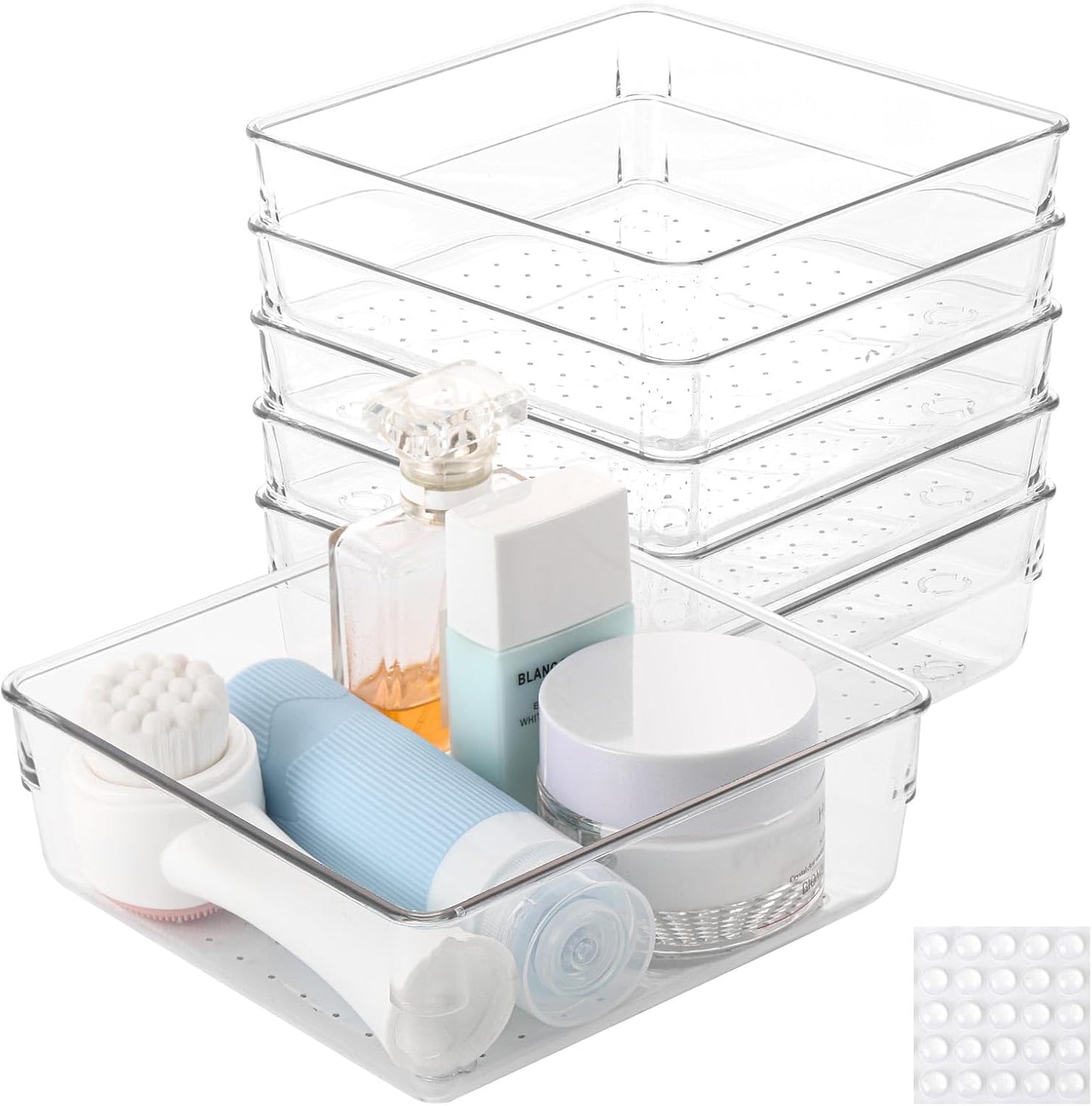 Ohlove 6 Pcs Large Clear Plastic Drawer Organizers Tray 15" x 6.3" Storage Bins with 25 Pcs Non-Slip Pads for Makeup, Jewelries, Kitchen Utensils, Bathroom and Office