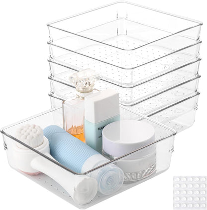 Ohlove 6 Pcs Large Clear Plastic Drawer Organizers Tray 15" x 6.3" Storage Bins with 25 Pcs Non-Slip Pads for Makeup, Jewelries, Kitchen Utensils, Bathroom and Office