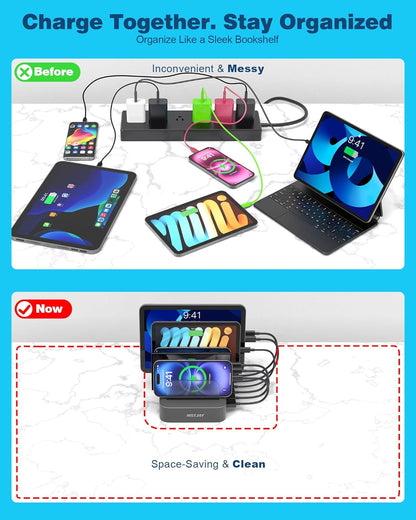 MSTJRY Charging Station for Multiple Devices : 5 Port Multi USB-A Charger Stations Multi-Device Organizer Charging Dock Designed for iPhone iPad Cell Phone Tablets (7 Short Cables Included)