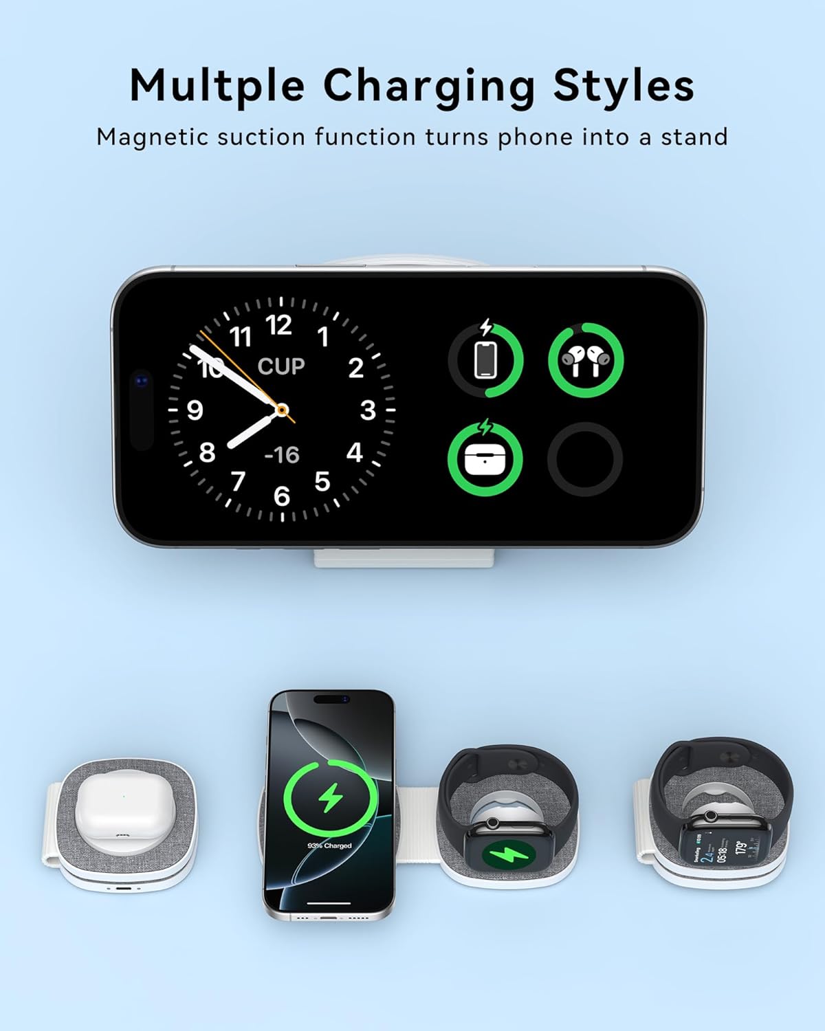 Charging Station for Apple Multiple Devices：2 in 1 Foldable Wireless Charger for Magnetic Wireless Charger Station Travel Charging Pad for Apple iPhone 17 16 15 14 13 12 Series& Apple Watch& Airpods
