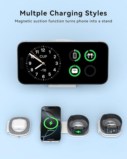 Charging Station for Apple Multiple Devices：2 in 1 Foldable Wireless Charger for Magnetic Wireless Charger Station Travel Charging Pad for Apple iPhone 17 16 15 14 13 12 Series& Apple Watch& Airpods