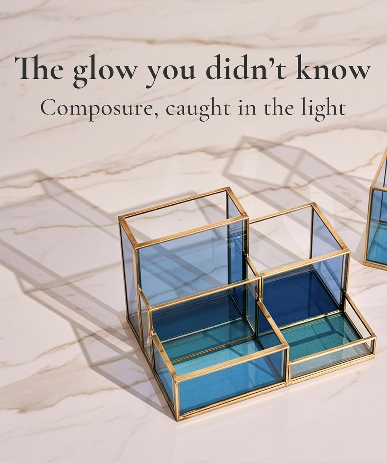 FONDAZZA Gold & Blue Glass Desk Organizer - Elegant Office Decor, Aesthetic Makeup Brush Holder, 2-Compartment Pen Holder, Pencil Cup, Vanity & Cosmetic Storage, Desk Accessories for Women