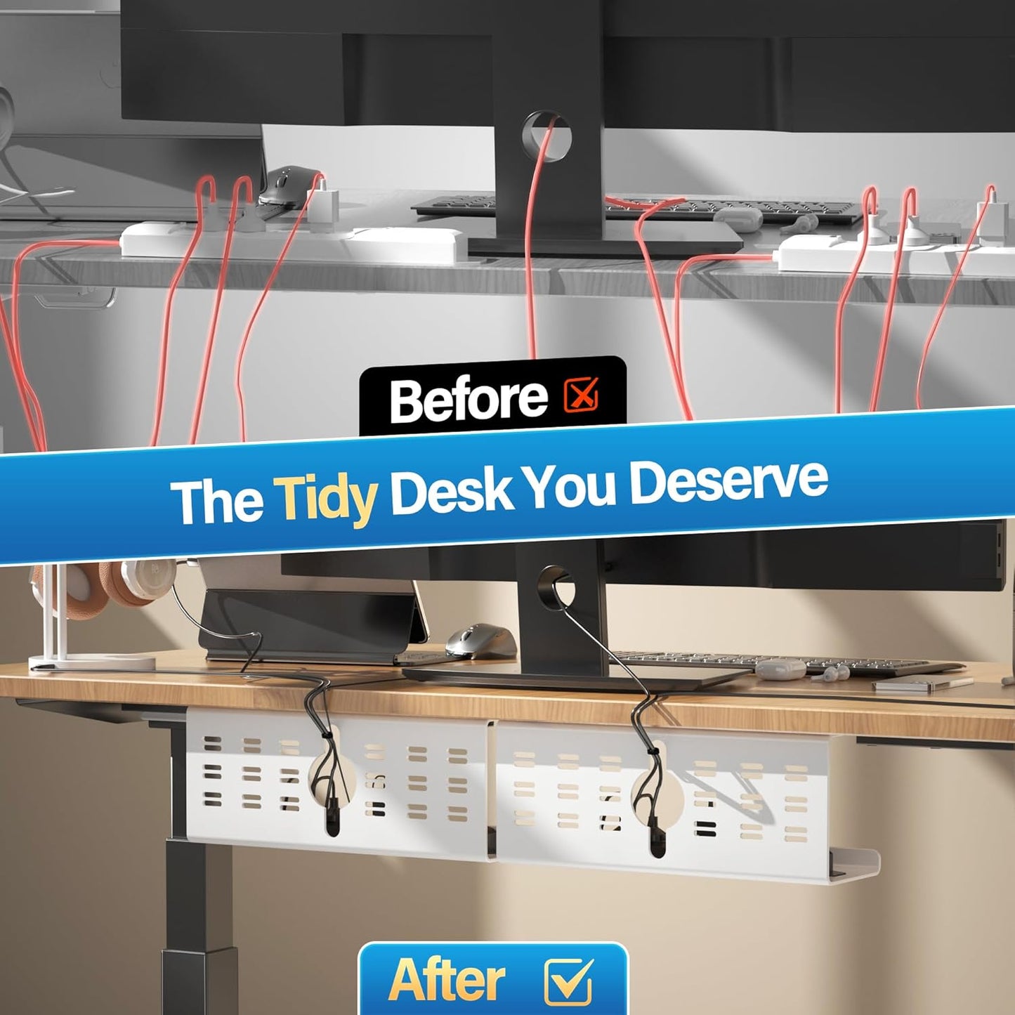 2 Pack Cable Management Under Desk Black, Cinati 32" Large Cable Management Tray, Under Desk Alloy Steel Wire Organizers, Cord Hider Tray for Office and Home - Tape or Screw Installation