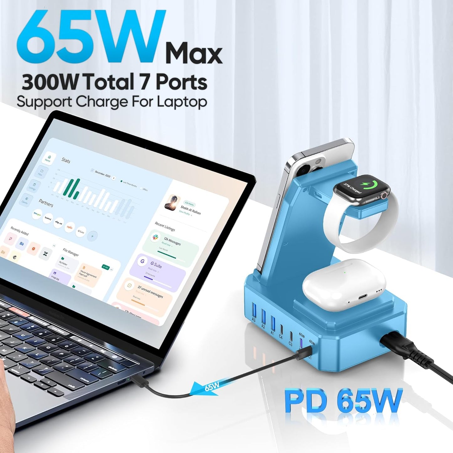 300W Charging Station for Multiple Devices Apple,10 in 1 Wireless Charger for iPhone,GaN III USB C 65W PD Fast Charging Stand Dock for MacBook,iWatch&Airpods (Wireless Charging Only for Apple)