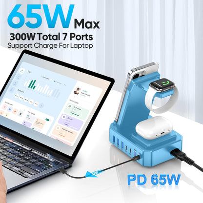 300W Charging Station for Multiple Devices Apple,10 in 1 Wireless Charger for iPhone,GaN III USB C 65W PD Fast Charging Stand Dock for MacBook,iWatch&Airpods (Wireless Charging Only for Apple)