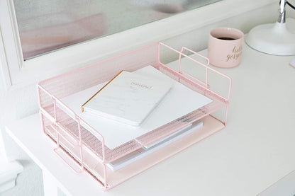 BLU MONACO | Paper Tray Stackable Gold Mesh Set of 2 | Stackable File Trays for Desk Organization | Tiered Desk Organizer with Metal Letter Trays