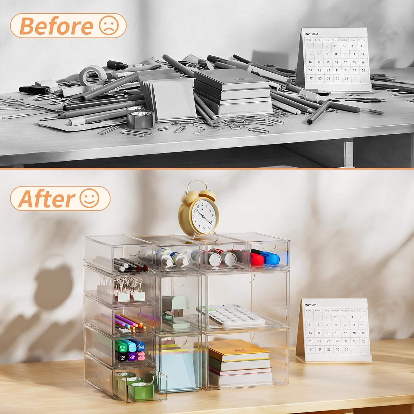12 Pack Clear Stackable Storage Drawer Set, 3 Sizes (8 Small/2 Medium/2 Large) Modular Acrylic Drawer Organizer, Makeup Organizer for Vanity, Bathroom, Kitchen Cabinet, Desk, Undersink, Pantry, Office