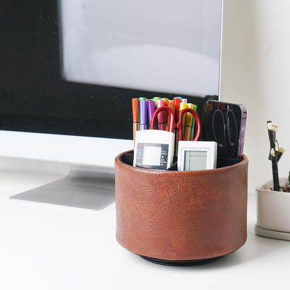 Hennaja Round Leather Art Supply Organizer,Remote Control Holder,360 Degree Rotating,Multi-Functional Pencil Holder,4 Compartments Desktop Stationary Organizer(1-Blue Bird) - Colors B