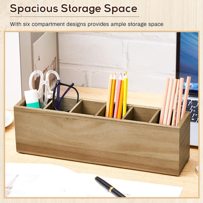 Jetec Wooden Pencil Holder 5 Compartments for Desk Adjustable Pen Holder Wood Office Desk Organizers and Accessories Makeup Brush Organizer for Pen, Home, Office and Art Supplies (White)