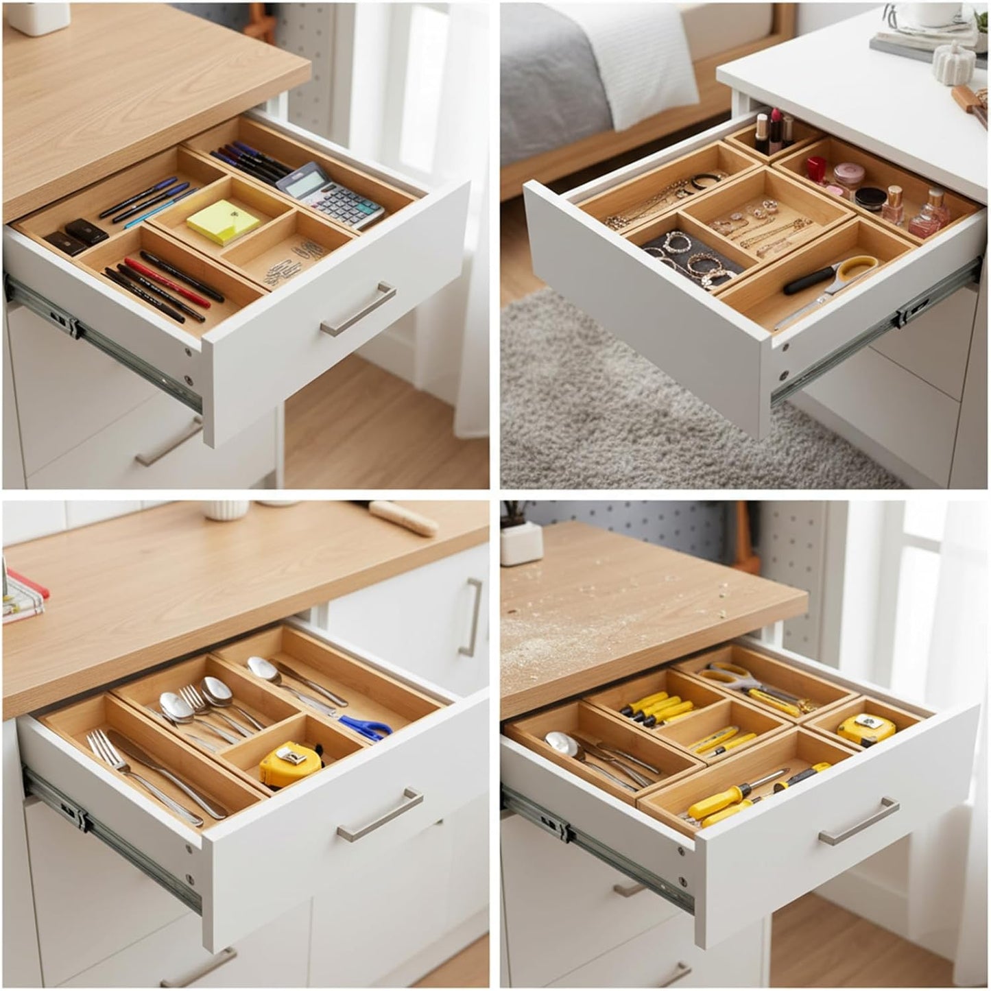 Bamboo Desk Organizer, Utensil Holder Storage Box, Wood Drawer Organizer Set for Kitchen, Bathroom, Office Desk, Makeup, Utensils, Jewelry