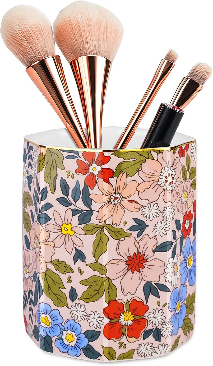 Jwest Pen Holder, Makeup Brush Holder Ceramic Shiny Gold Leopard Cheetah Pattern Animal Pencil Cup for Girls Women Durable Stand Desk Organizer Storage Gift for Office, Classroom, Home Light Brown