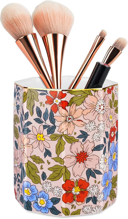 Jwest Pen Holder, Makeup Brush Holder Ceramic Shiny Gold Leopard Cheetah Pattern Animal Pencil Cup for Girls Women Durable Stand Desk Organizer Storage Gift for Office, Classroom, Home Light Brown