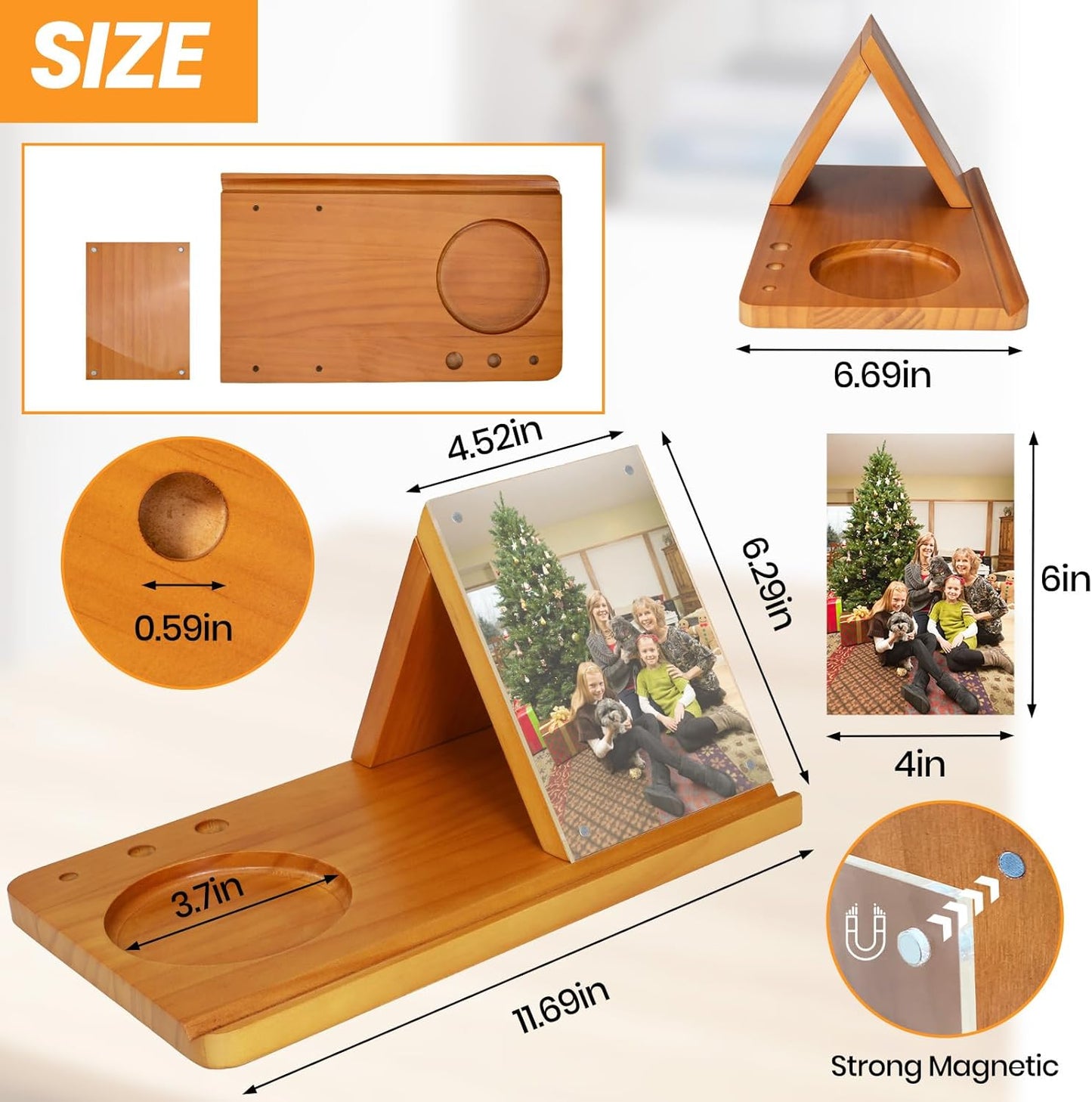 Wood Desktop Book Stand for Reading Rest Birthday and Mothers Day Gifts, Book Page Holder Thumb Bookmark,Magnet Couple Photo or Note, Book Accessories, Triangle Book Nook with Cup for Book Lovers