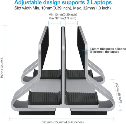 Aluminum Dual Vertical Laptop Stand Dock Holder, Supports 2 Devices, Adjustable Slot Width 15-36mm, Space-Saving Upright Storage for MacBook and Laptops
