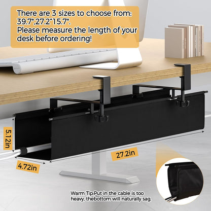 Under Desk Cable Management Tray 27.2" - No Drill Computer Wire Organizer Cable Tray, Cord Hider Clamp Mount with 16X Cable Ties PC Cables Management Cord Holder for Office/Home (Upgrade Fabric,White)